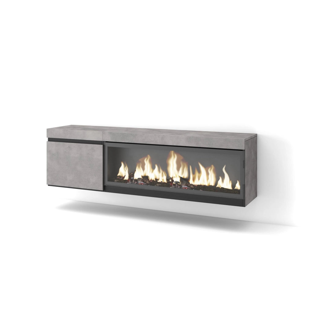 Mobile TV Soggiorno, 158x35x45cm, Per TV fino a 65", Camino elettrico XXL, da appendere, grigio cemento RF3242