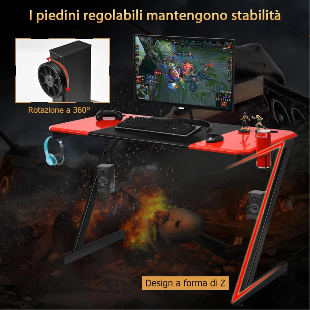 Scrivania da Gaming, Scrivania per Computer Ergonomico, con Porta Bicchiere, Gancio per Cuffie, Superficie in Fibra di Carbonio e Supporti Audio, 120 x 60 x 77 cm
