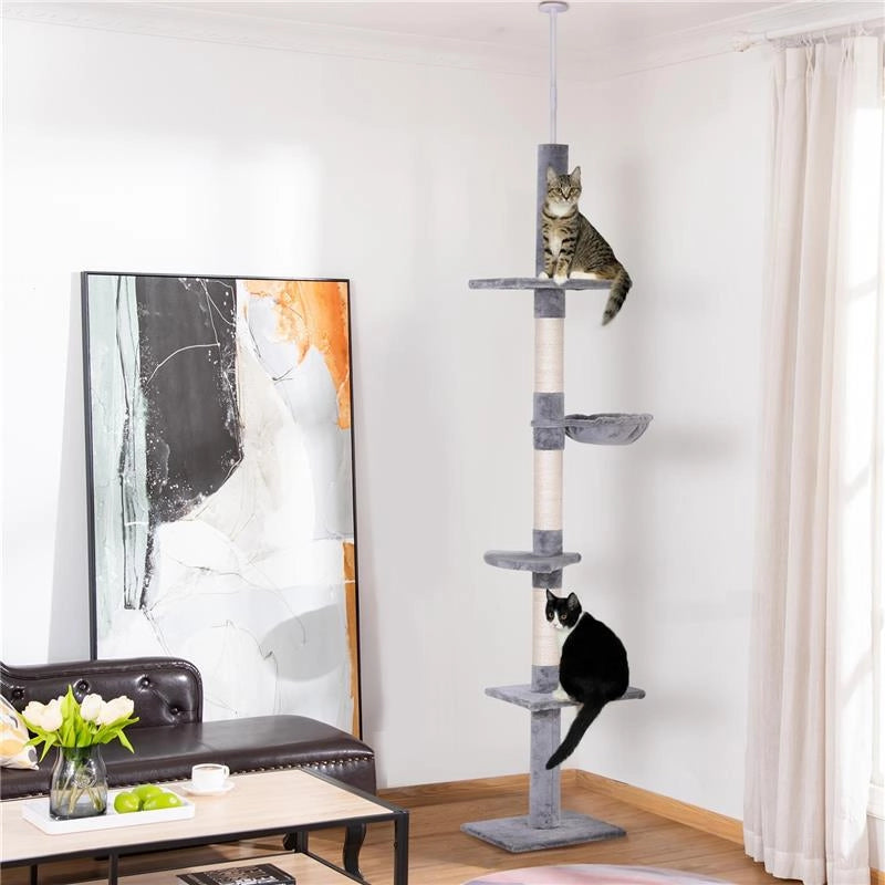 ALBERO TIRAGRAFFI A 4 LIVELLI AD ALTEZZA REGOLABILE, IN TRUCIOLATO, PELUCHE E SISAL, 40X34X230-260 CM, GRIGIO