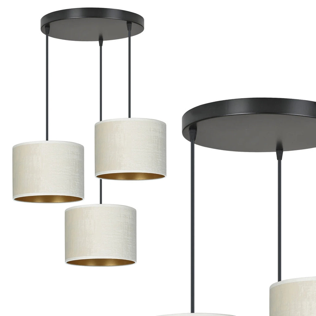 Lampadario Tondo 3 Luci Ganesha In Acciaio Nero E Paralumi In Tessuto Beige