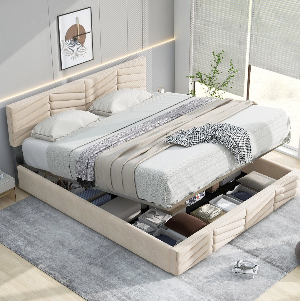 Letto imbottito 140x190 cm in velluto beige con testiera regolabile e rete a doghe