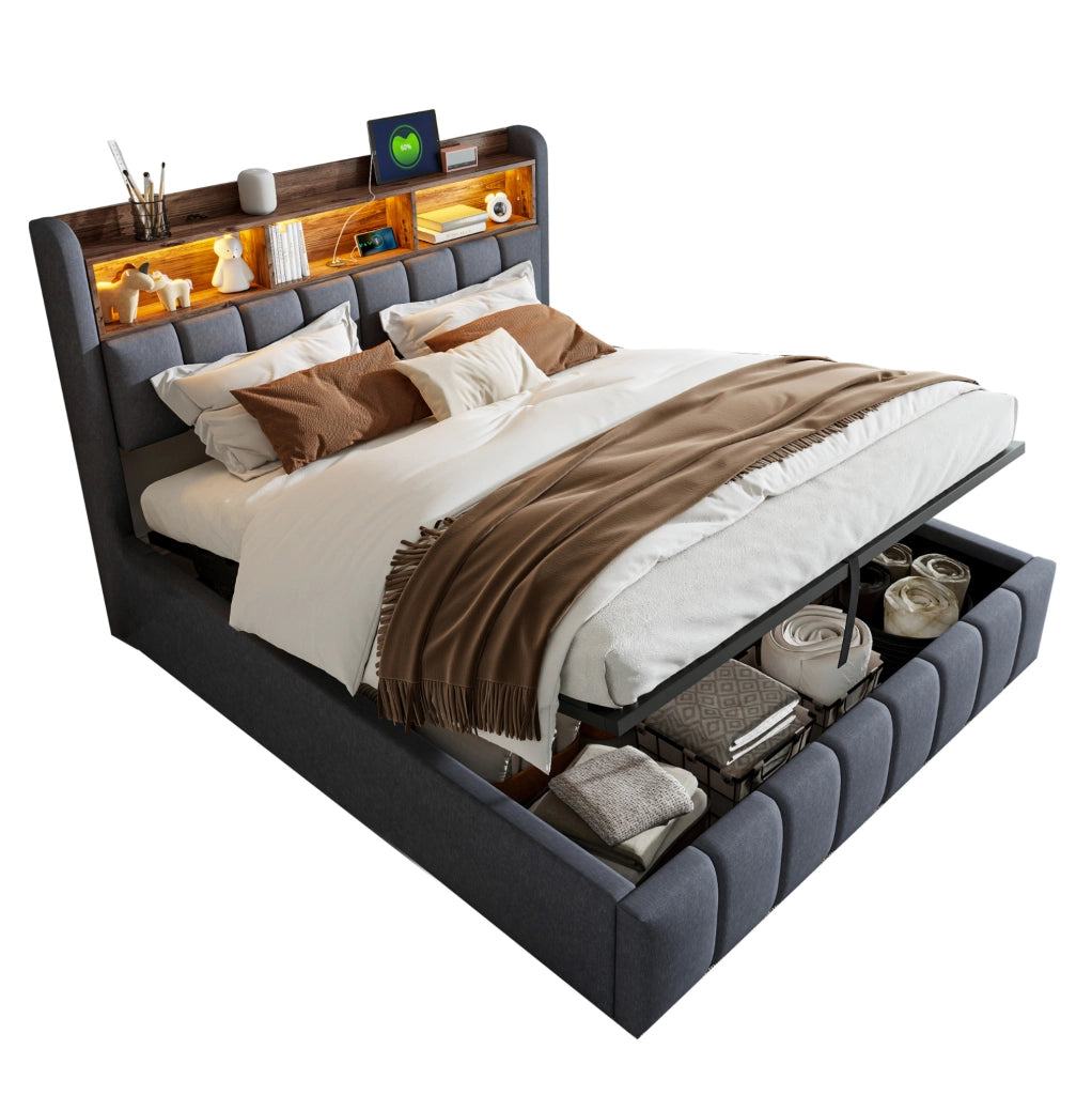 Letto imbottito 180x200 cm con LED; contenitore e USB in lino grigio