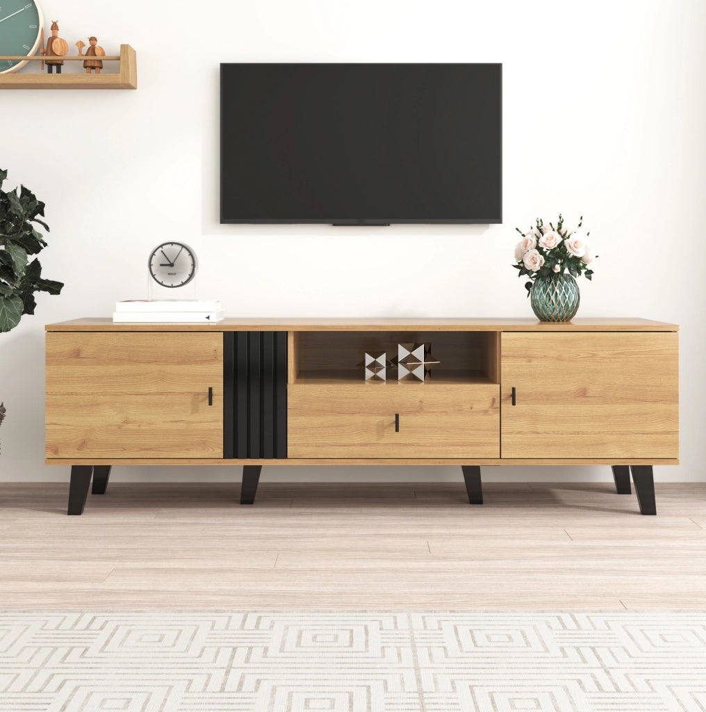 Mobile TV 170 cm con 2 ante, cassetto e vano, nero e legno