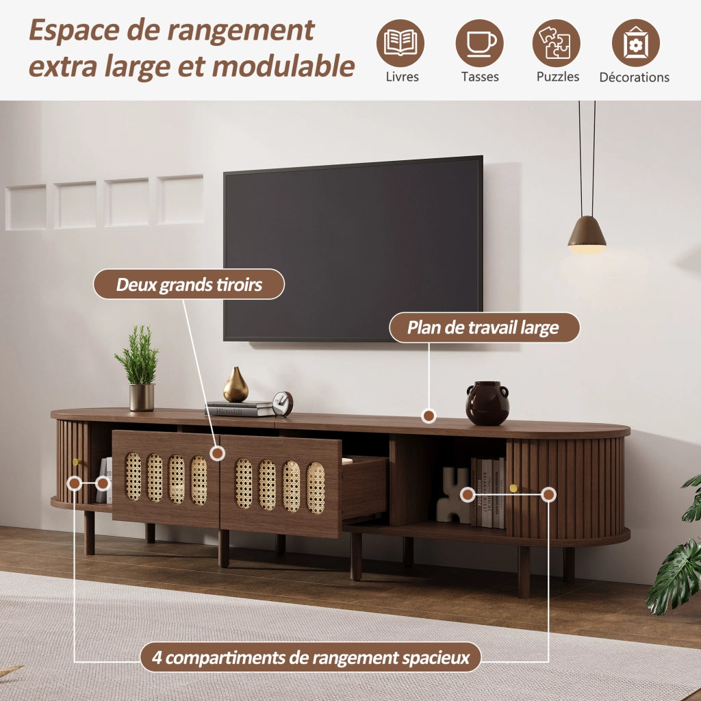 Mobile TV con 2 cassetti e 2 ante avvolgibili; per soggiorno; in MDF; 180×40×40 cm; noce