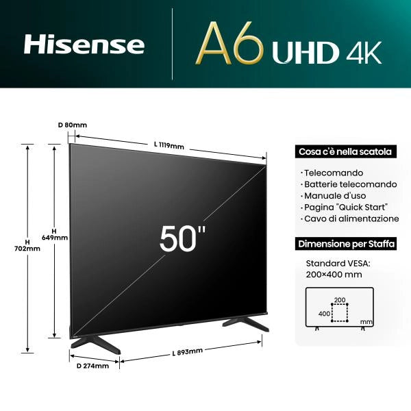 Hisense Tv 50" Led Ultra Hd 4k Smart Dvb/t2/s2 50a6n It
