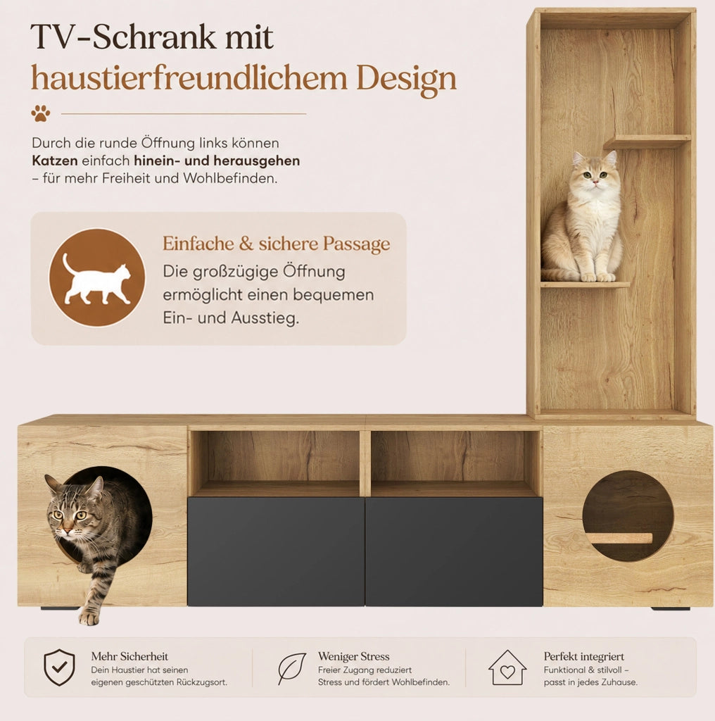 MOBILE TV con Libreria e Area per Gatti 185x40x162 cm Nero e Naturale