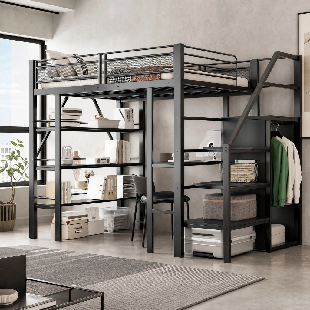 Letto a soppalco 140x200 cm in metallo nero con scrivania, scaffale a tre livelli e armadio integrato