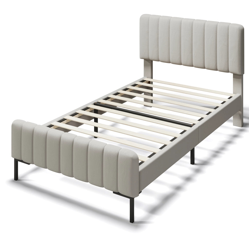 Letto singolo imbottito 90x200 cm con testiera regolabile, rete a doghe in pino e materasso 7 zone, grigio-beige