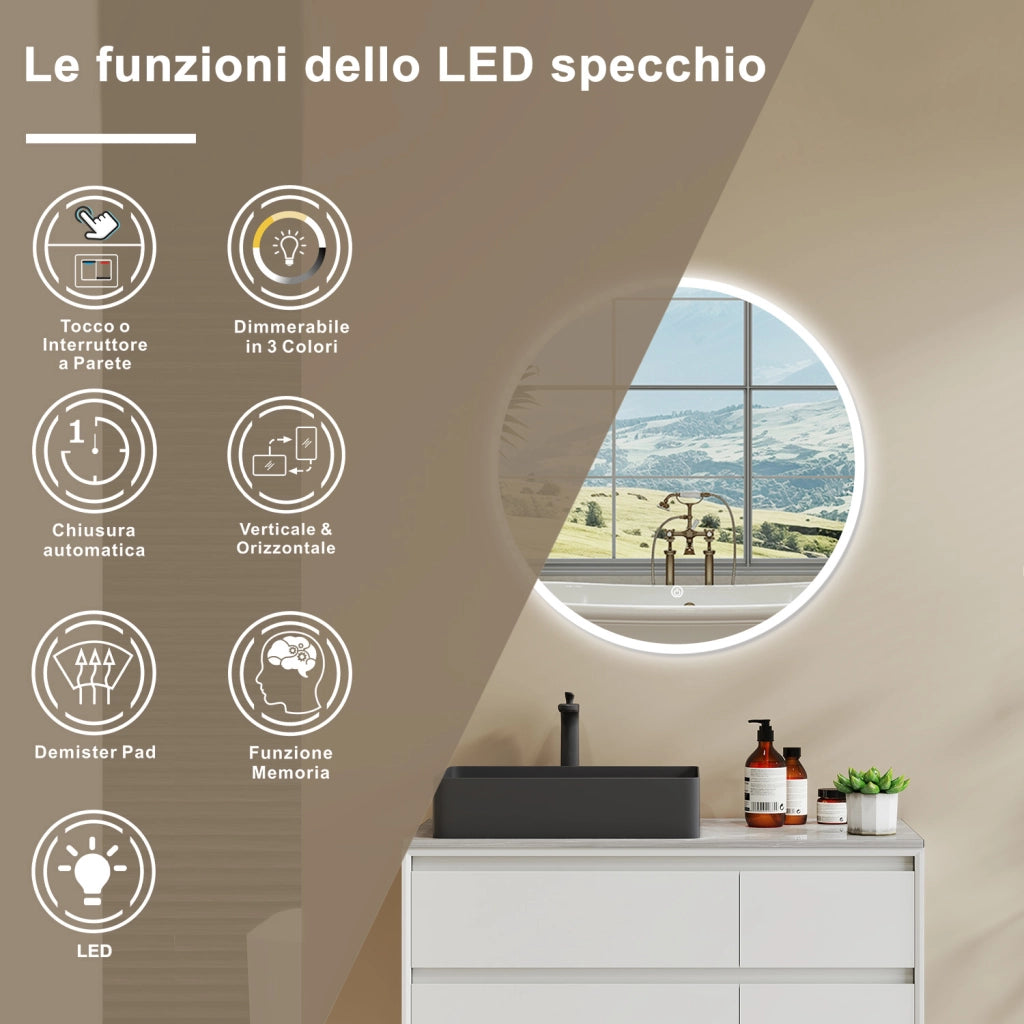 AICA Specchio Da Bagno Rotondo Da 70cm con LED, Antiappannamento, 3 Temperature Colore