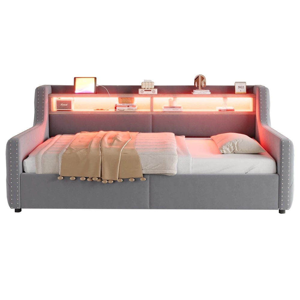 Letto Imbottito Singolo con Contenitore Idraulico e LED ¨C MINIMAL ¨C Grigio Chiaro, 90x200