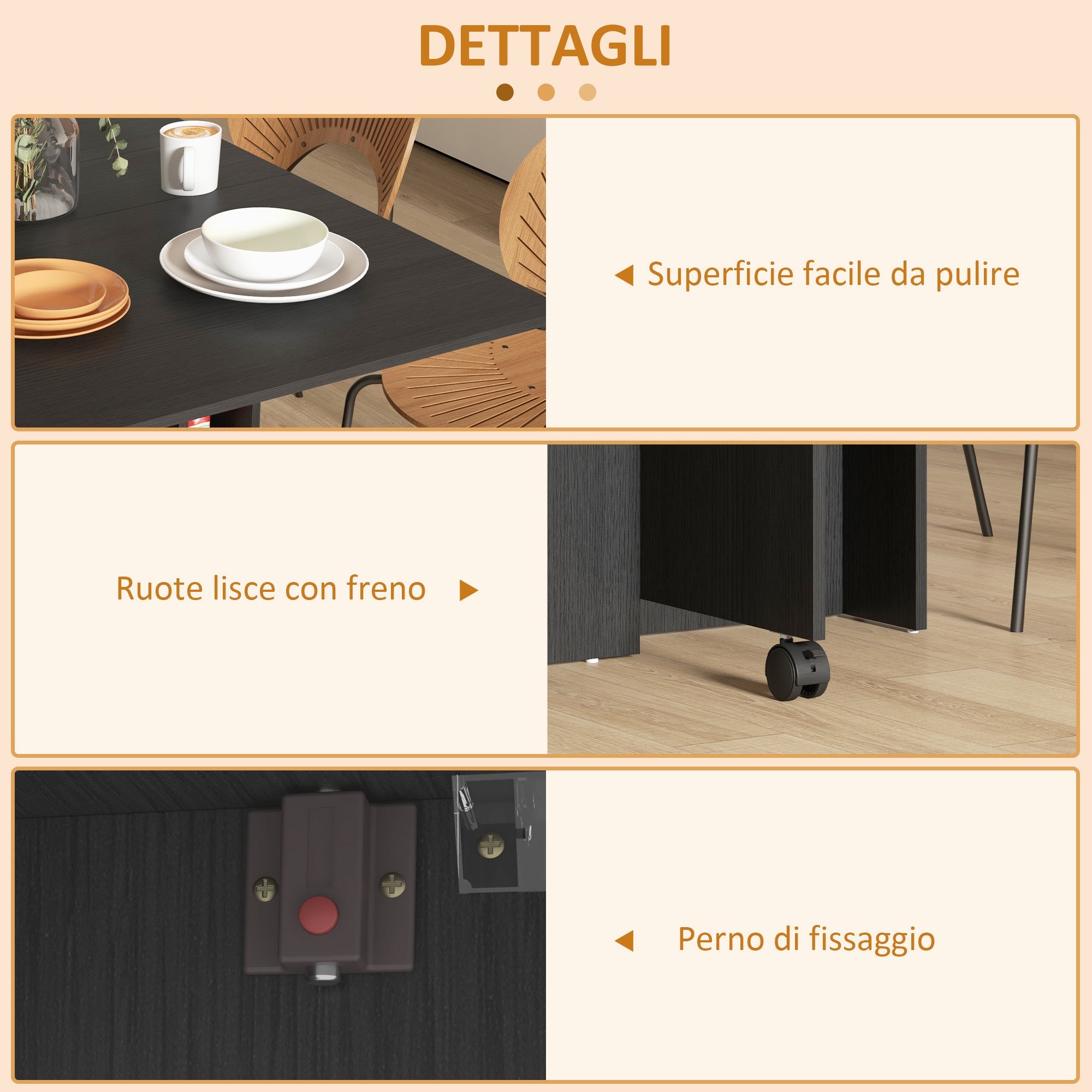 Tavolo Salvaspazio Pieghevole a 2 Ribalte per 6 Persone Nero