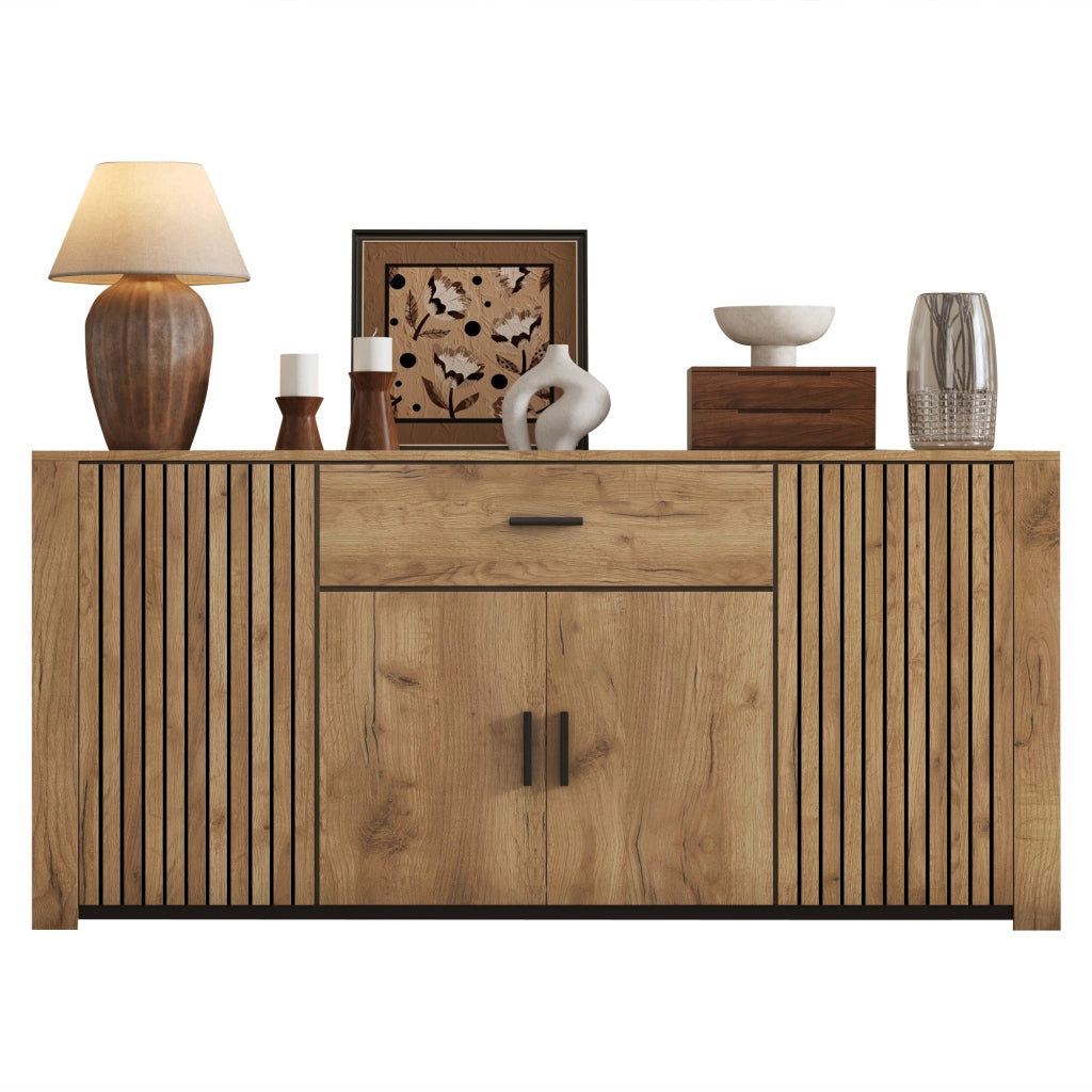 Credenza con 4 ante, 1 cassetto e ripiani regolabili, per soggiorno, in pannello truciolare rovere, 160 × 40 × 75 cm