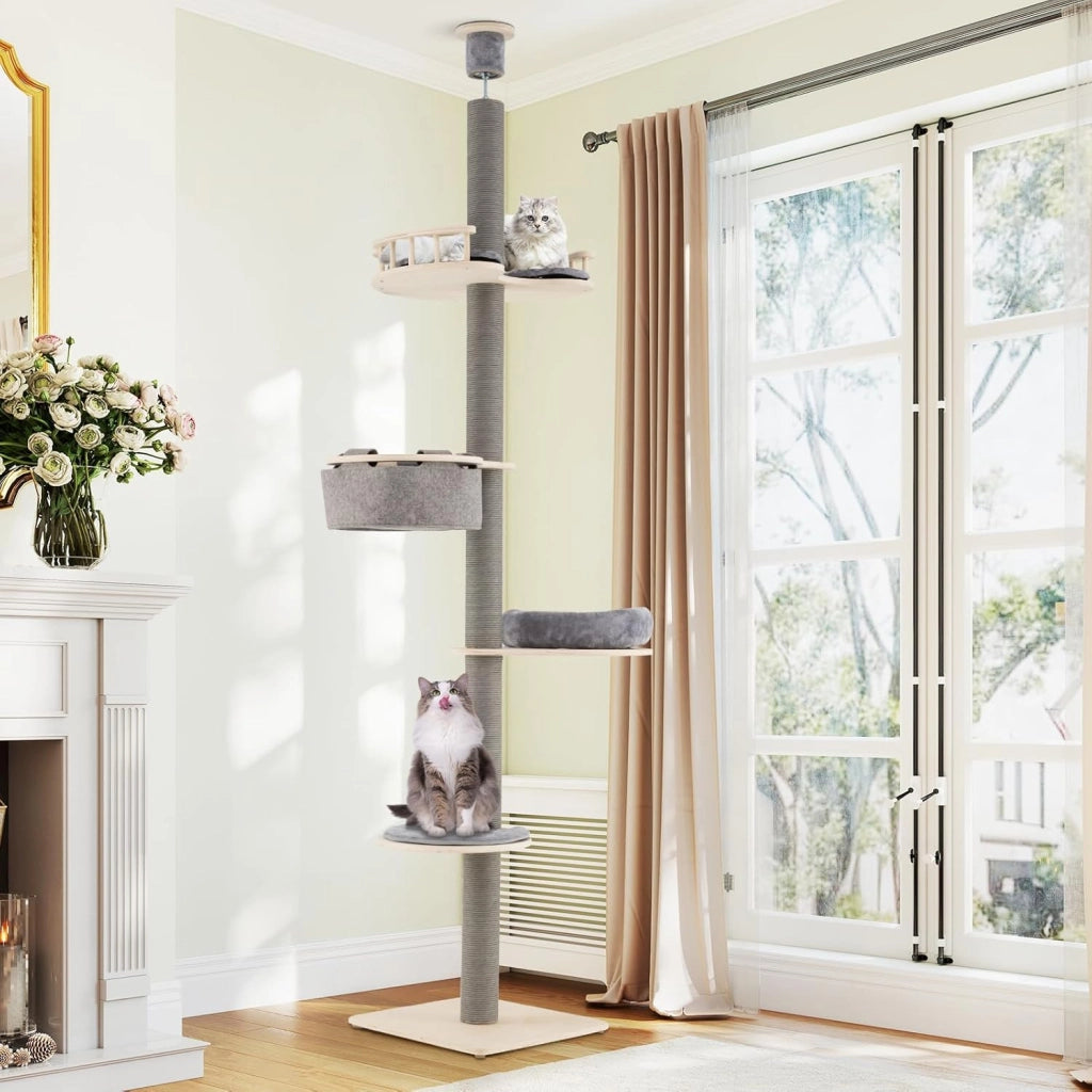 Albero per Gatti da Pavimento a Soffitto con Altezza Regolabile 236-271 cm, Tiragraffi per Gattini in Legno a 5 Livelli con Ripiano, Letto Peluche, Amaca e Pali Tiragraffi, Mobile per Gatti da Interno