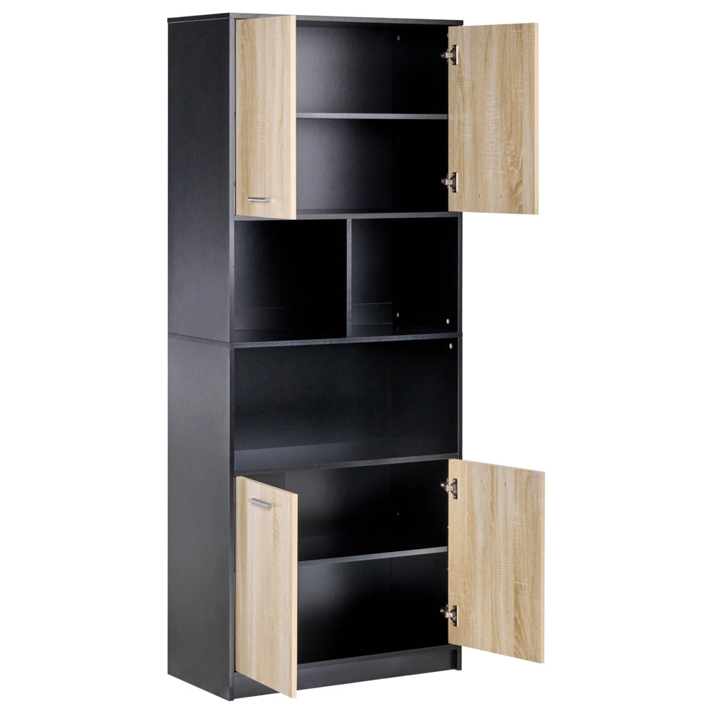 Libreria a 4 ante Marrone e nero Pannelli di particelle di legno Mobili da ufficio minimalisti Ripiani aperti e chiusi