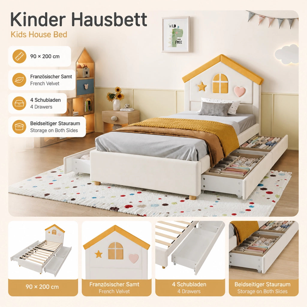 Letto per bambini 90 × 200 cm a casetta imbottito con 4 cassetti, senza materasso, in velluto, beige