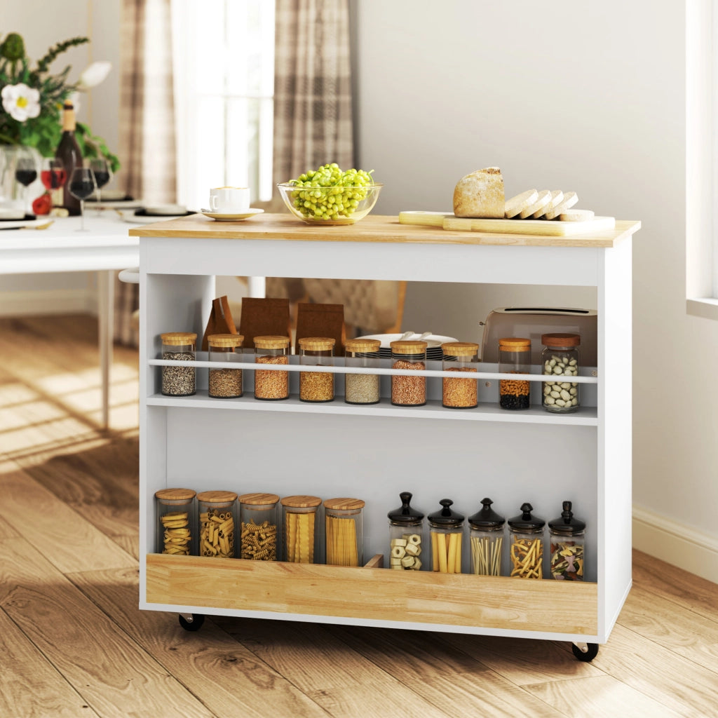 Carrello da Cucina con 2 Cassetti; 1 Anta; 1 Vano Aperto; Portasciugamani e Ruote; in Legno; Rovere