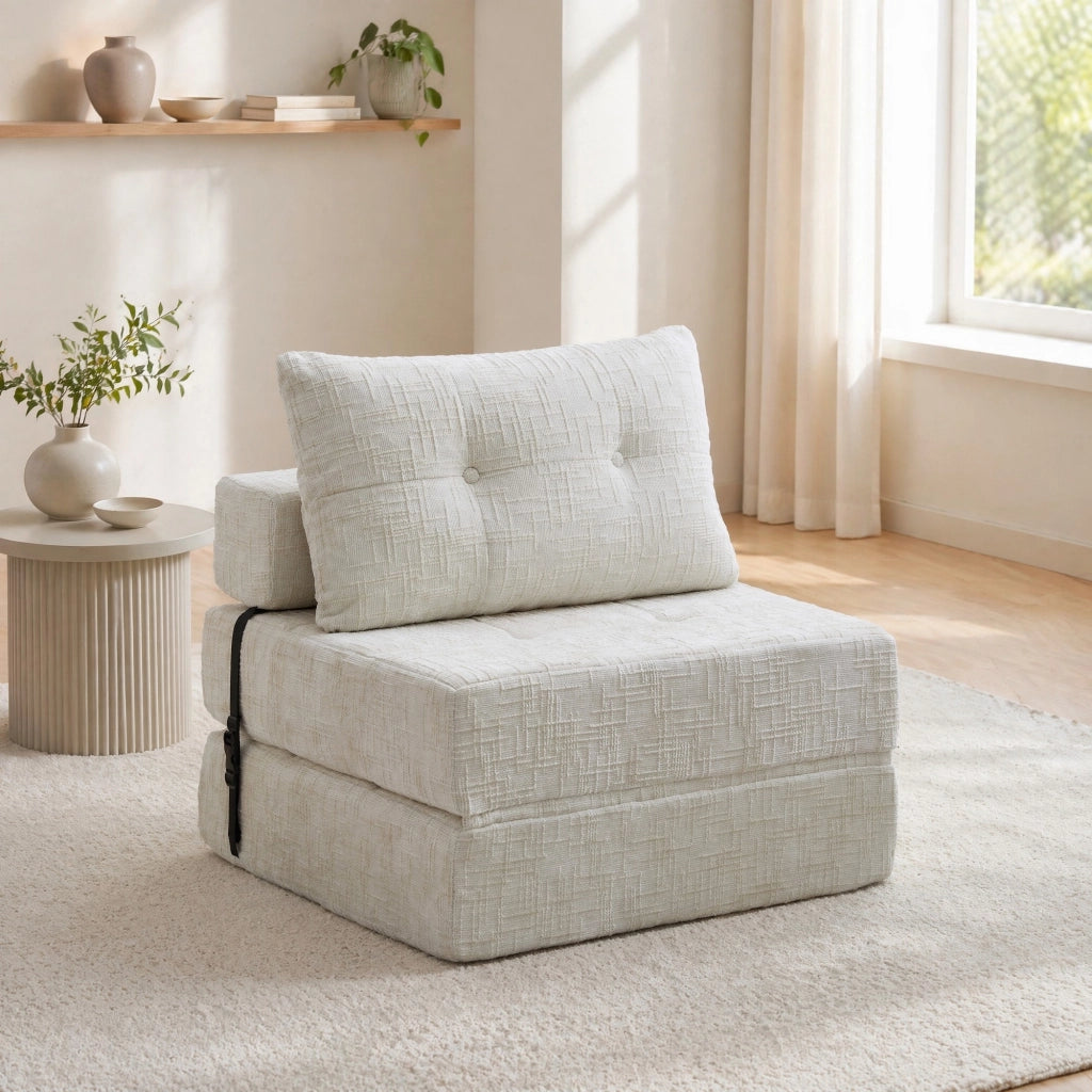 Divano letto pieghevole in chenille beige 79x180 cm con cuscini; per soggiorno e camera