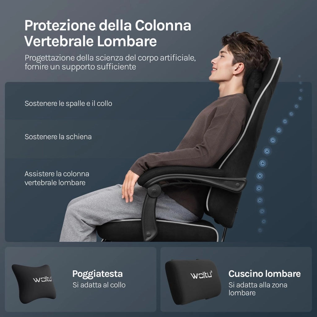Sedia Gaming, Ampia Sedia da Ufficio Ergonomica Imbottita con Cuscino a Molla, Alta Capacità di Carico, Poltrona per Computer con Schienale Alto e Poggiapiedi, Tessuto Tecnologico, Nero, GS10sz
