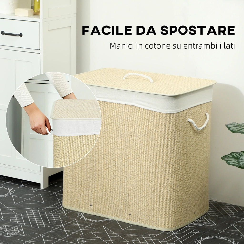 Cesto Portabiancheria 60x40x60 cm con Coperchio 3 Scomparti 144L con Sacca Removibile e Lavabile in Bambù Crema