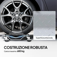 Set di 2 Carrelli Sposta Auto Antiscivolo Carico 680kg con Ruote Girevoli e Bloccabili in Metallo Argento