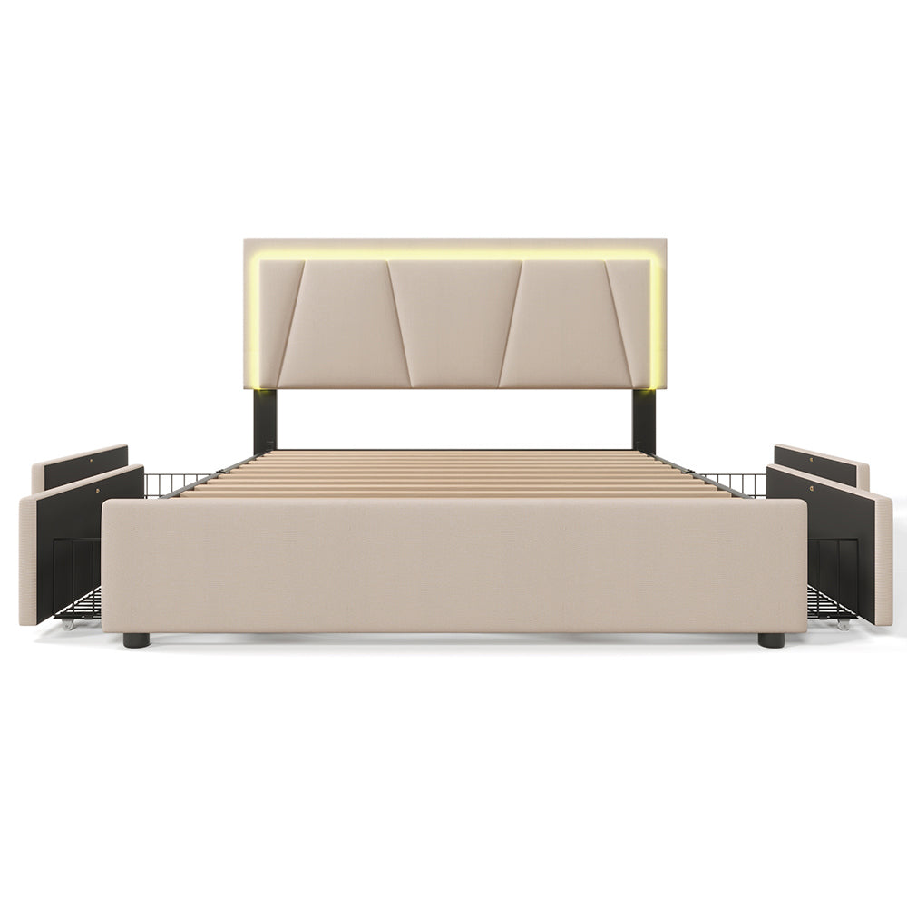 Letto singolo imbottito con LED e 2 cassetti - Xylo - 140x200cm - Beige