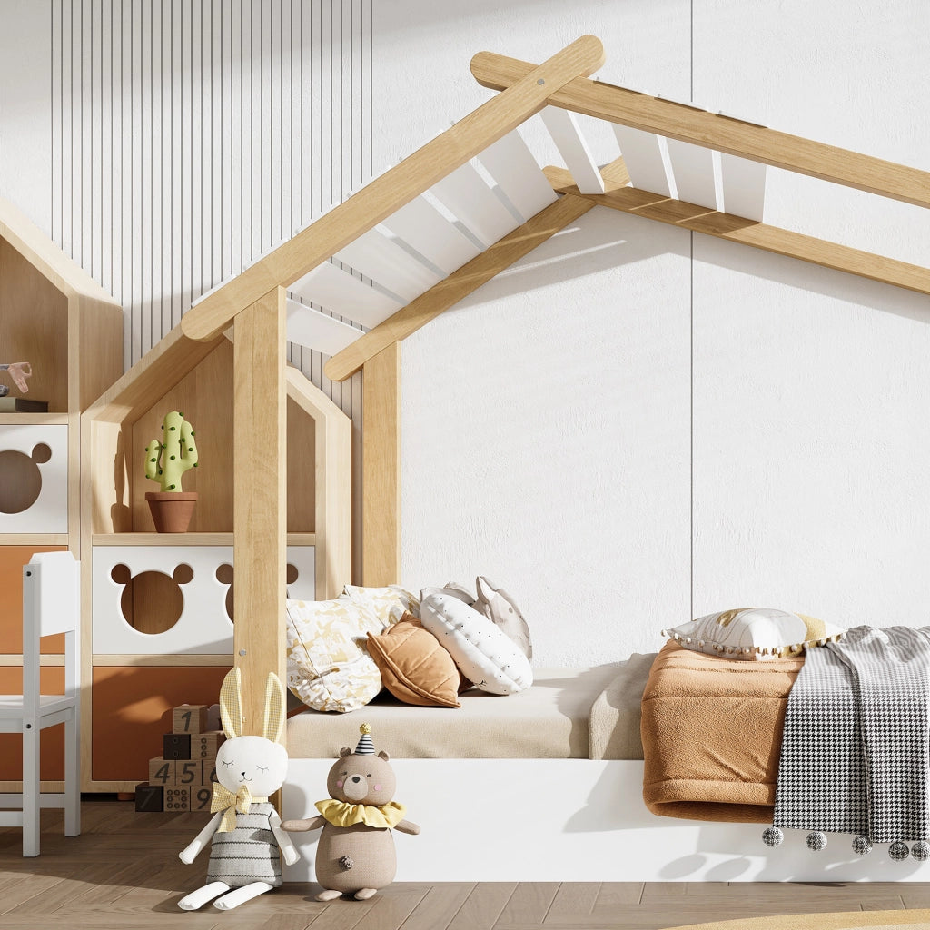 DESMIU Letto casetta Letto singolo 1 posto con struttura a casetta e doghe stabili, 90 × 200 cm, senza materasso