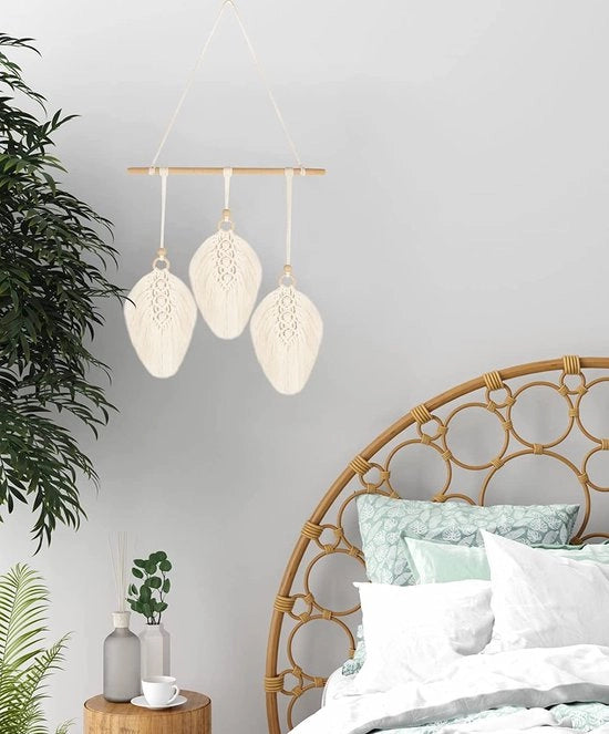 Tappeto a maglia di macramè, stile bohemien, macramè, piume, decorazione per parete, decorazione per parete a macramè, per camera da letto, per soggiorno, per cameretta, per esterno, per casa, decorazione, 45 x 90 cm (beige)