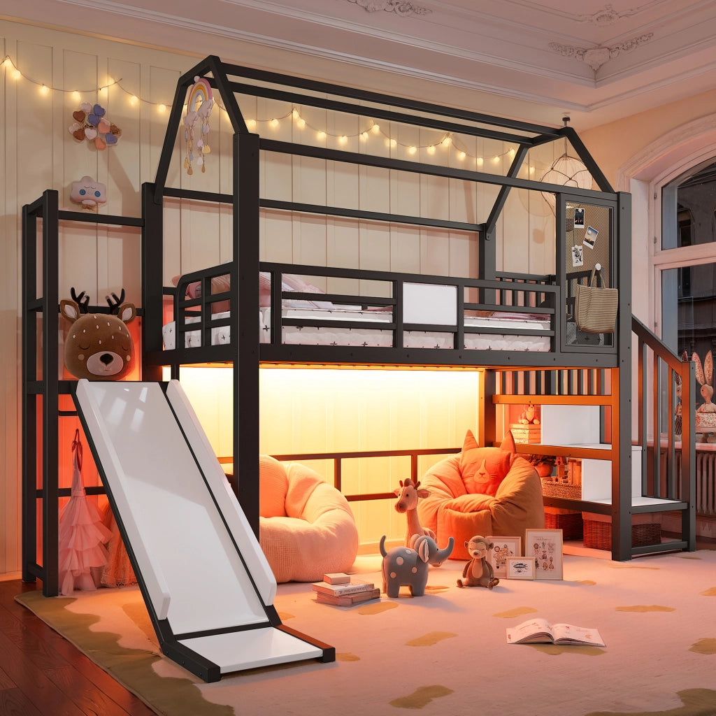 Letto a soppalco a casetta 90 x 200 cm in metallo nero con scivolo e LED
