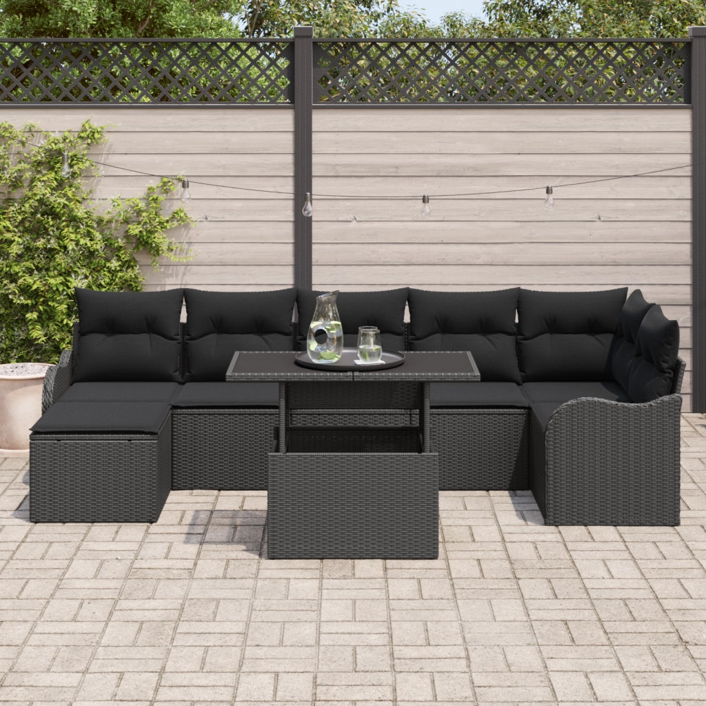 Set di Divani da Giardino a 8 Pezzi con Cuscini Rattan Nero Polyrattan
