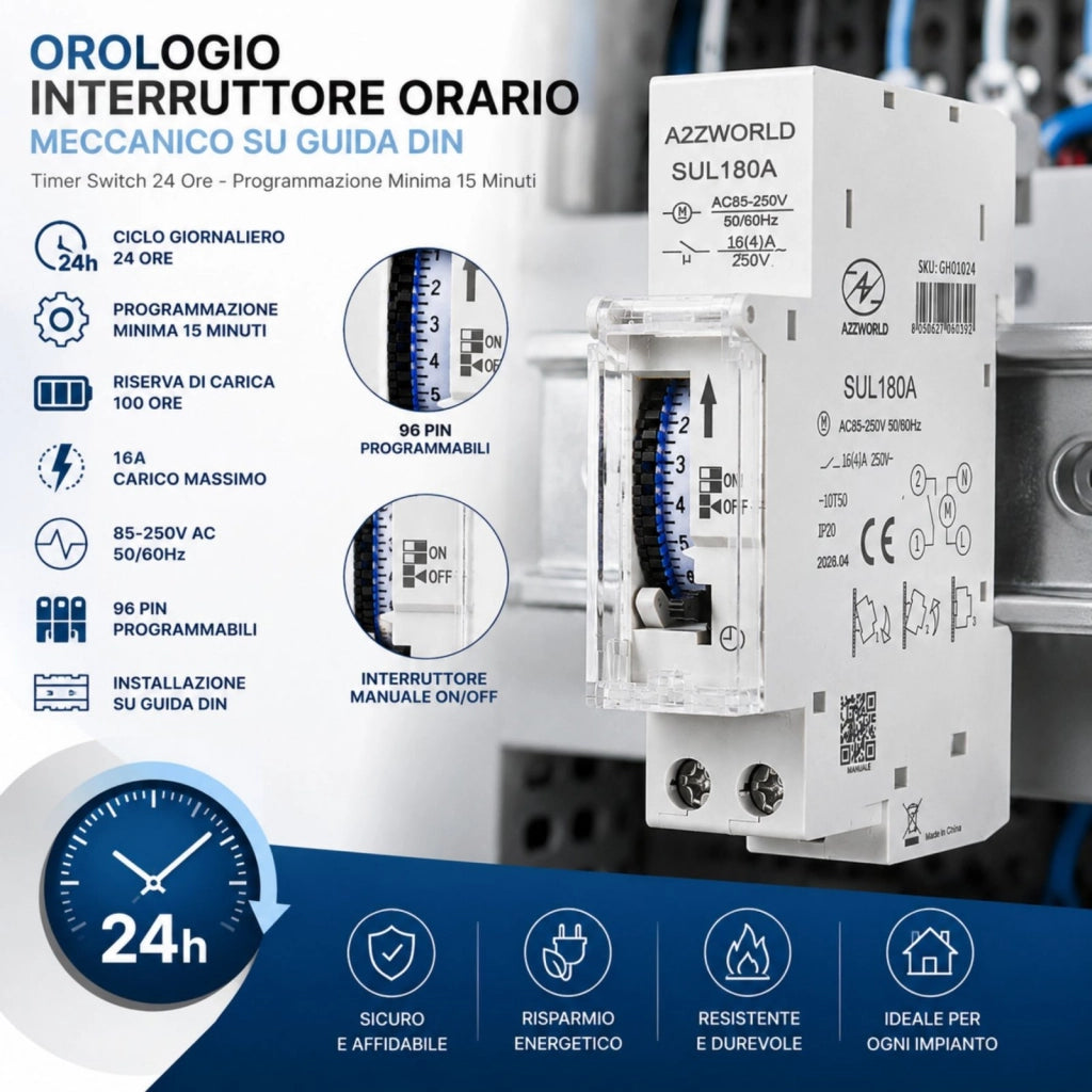Orologio Interruttore Orario Giornaliero Meccanico su Guida DIN, Timer Switch 24 Ore, Riserva di Carica 100 Ore, 16A, 85-250V AC, 96 Pin, Programmazione Minima 15 Minuti