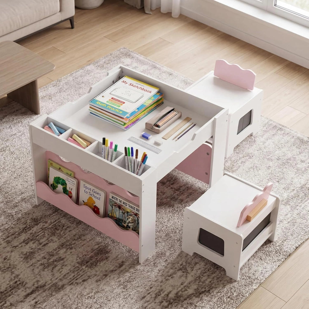 4 in 1 Set Tavolo e 2 Sedie per Bambini 3+ Anni (Rosa e Bianco) | Tavolo e Sedie con Lavagna Rimovibile, Sedia con Cassetto in Tessuto, Mobile in Legno Versatile per Cameretta e Soggiorno