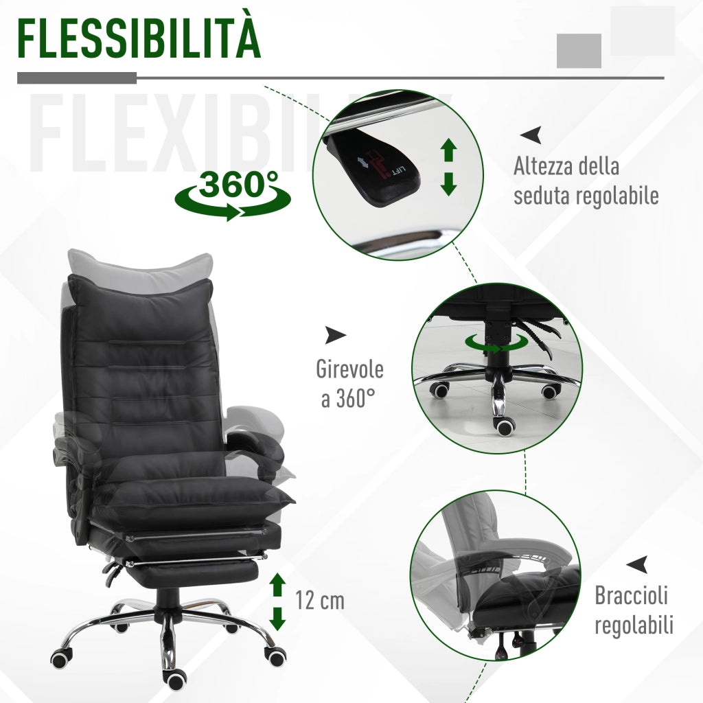 Sedia da ufficio ergonomica reclinabile con poggiapiedi ¨C Xylo ¨C Similpelle nero, braccioli imbottiti