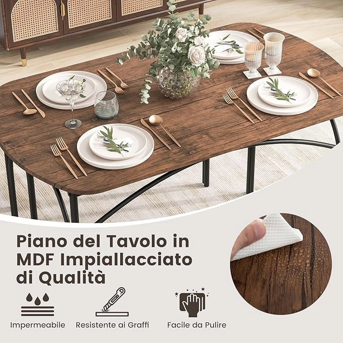 Tavolo da Pranzo con 2 Panche, Set di Tavolo e Panca in Legno e Metallo per 4 Persone, Set Mobile Salvaspazio e Moderno da Cucina, Sala da Pranzo e Soggiorno, Marrone