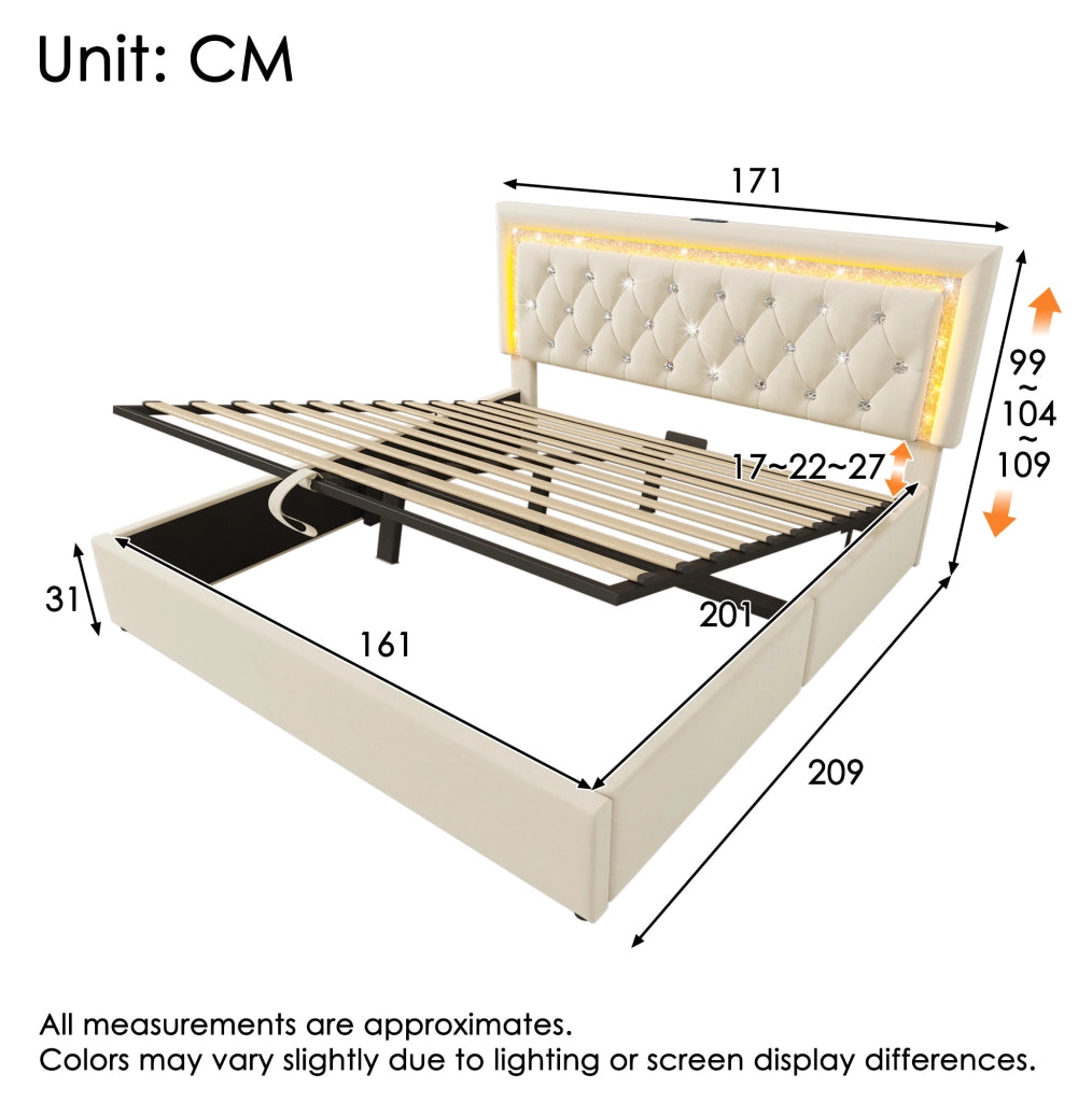 Letto matrimoniale 160x200 cm in velluto beige con LED nel testiera; USB e USB-C; contenitore idraulico