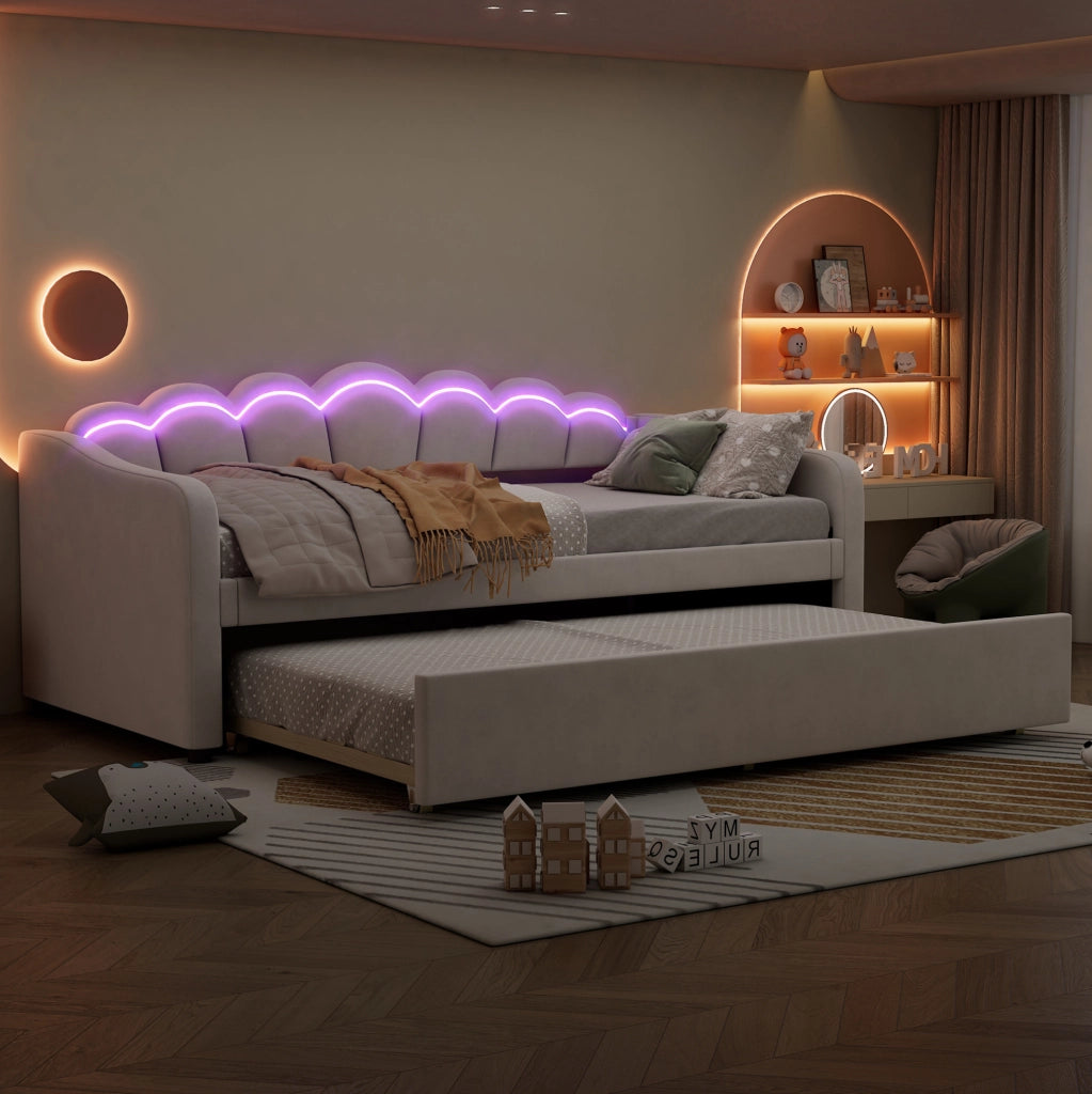Letto a scomparsa con letto estraibile 90x200 cm, velluto, beige