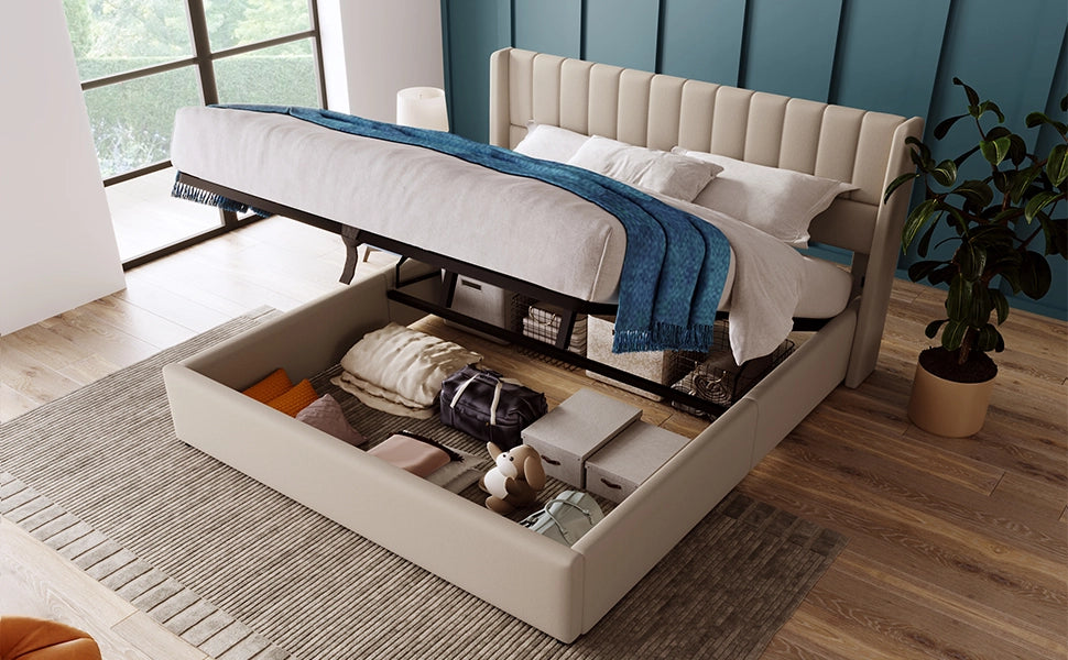 Letto matrimoniale idraulico – 140x200 cm – rete legno e metallo con materasso – lino beige