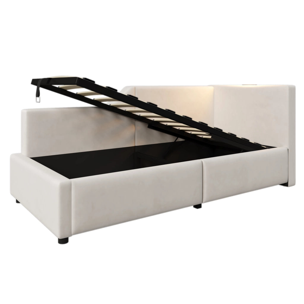 Letto imbottito daybed 90x190 cm con contenitore idraulico, luce lettura e USB-C, velluto beige