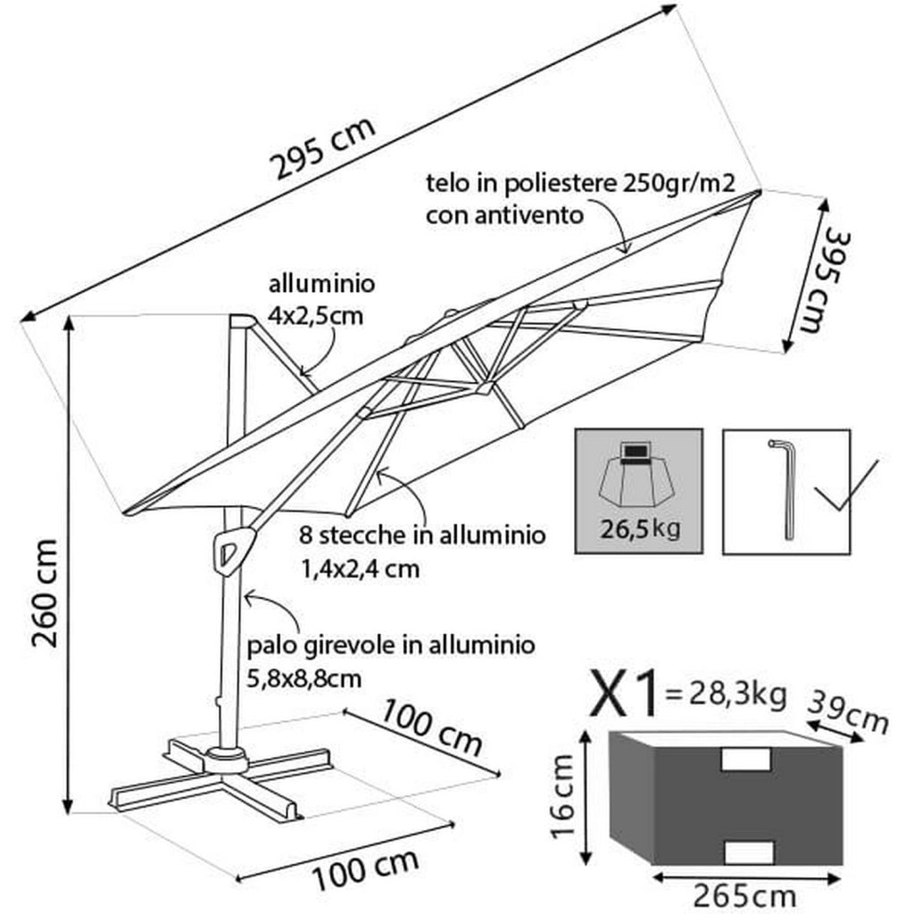 Ombrellone da giardino 3x3 con telo in poliestere Grigio palo Bianco antivento mod. Darwin