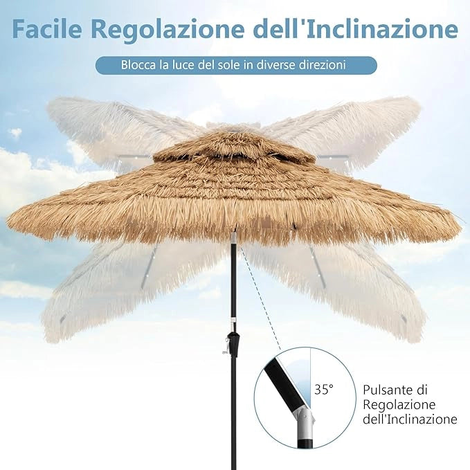 Ombrellone da Giardino in Paglia PP, Ombrellone Hawaiano 256 cm, con Luci LED, Manovella Manuale, Inclinazione di 35°, Ombrellone Tiki con 8 Stecche per Spiaggia Giardino