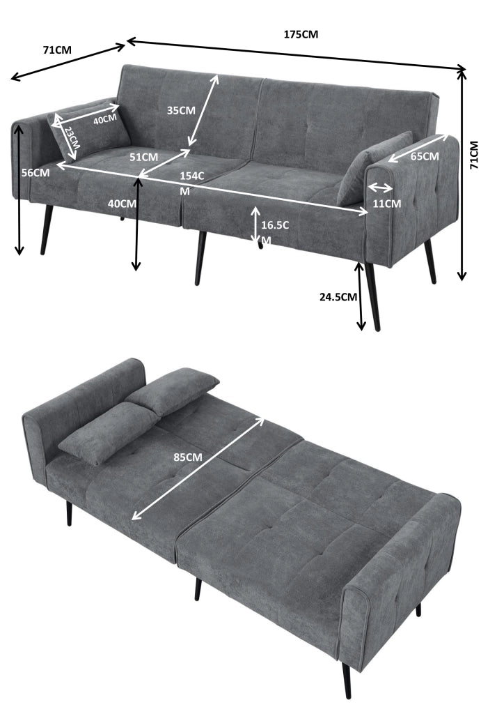 Divano letto convertibile con schienale regolabile e struttura stabile in tessuto grigio per salotto 175 × 71 × 71 cm
