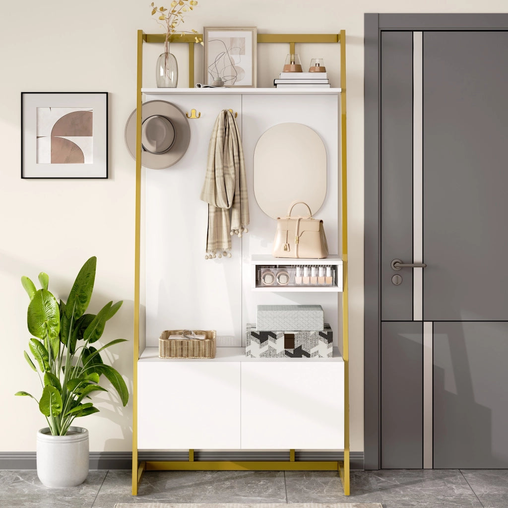 Mobile d'Ingresso con Specchio; 2 Ante; Ripiano Aperto e Ganci in Metallo; Stile Moderno; in MDF; 78??38;5??180;5 cm; Bianco