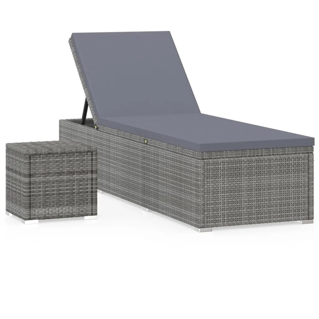 Lettino Prendisole con Cuscino e Tavolino in Polyrattan Grigio cod mxl 9393