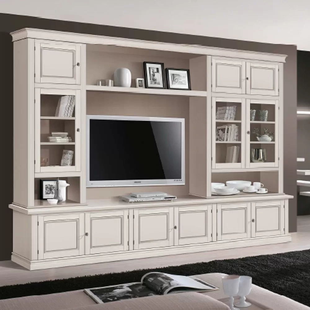 Parete attrezzata in legno shabby avorio anticato 286x50x227 - Mobili 2G