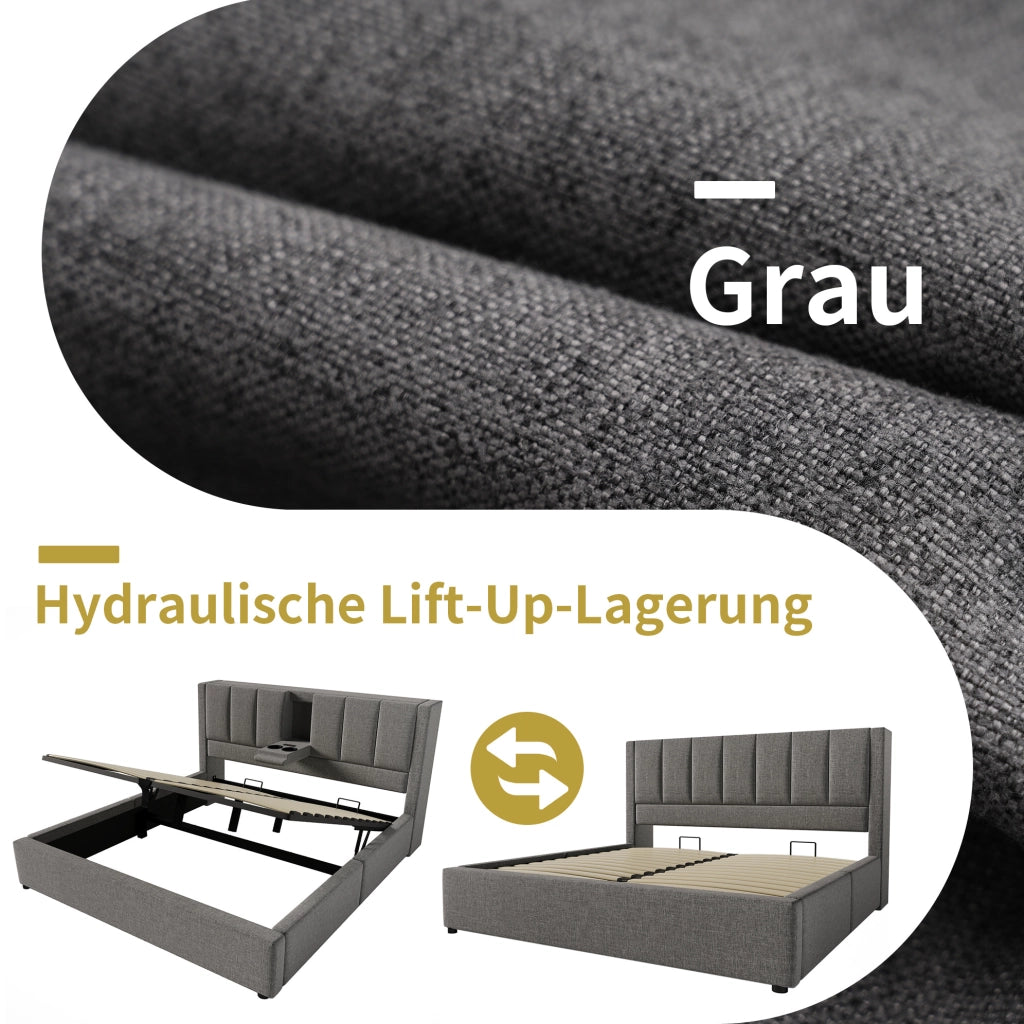 Letto imbottito 140x190 cm con ricarica USB-C e vano contenitore