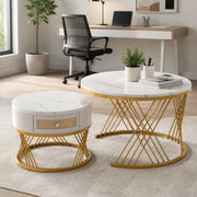 Set di 2 tavolini da salotto rotondi 70/50 cm in MDF bianco con dettagli oro