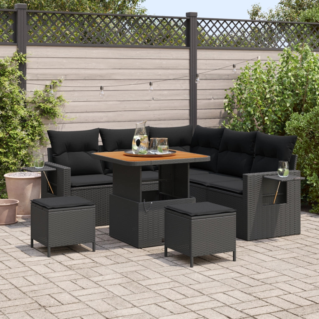 Set Divano da Giardino da 8 Pezzi con Cuscini Nero Polyrattan Acacia