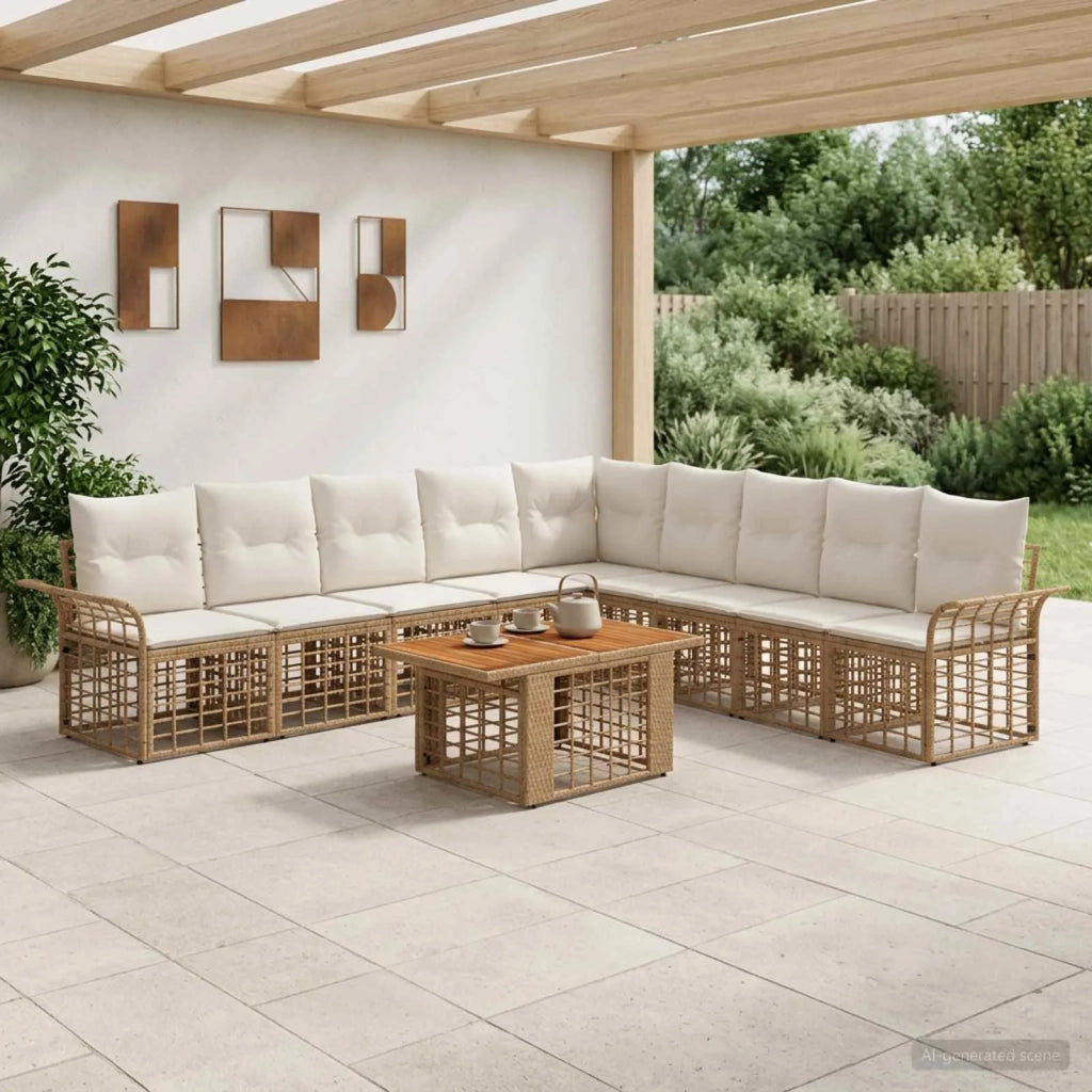 Set Divano da Giardino 10 pz Naturale e Bianco Crema polyrattan 3437986