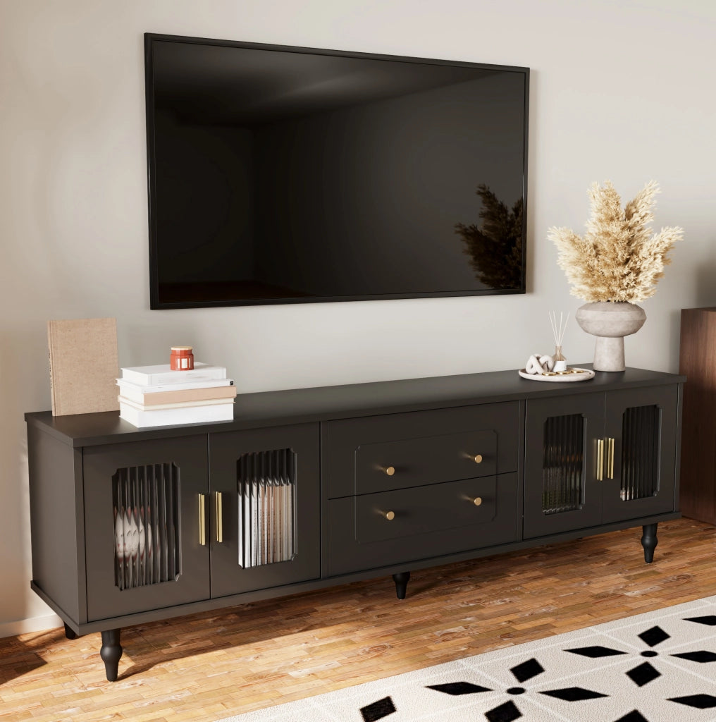 Mobile TV nero 177x38x55,5 cm con 4 ante in vetro rigato e cassetti push-to-open