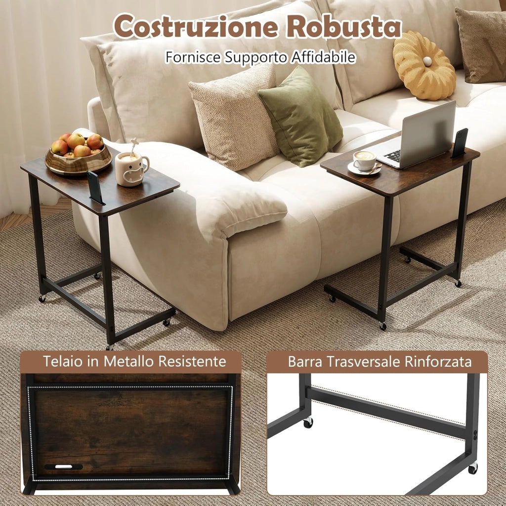Tavolino da Divano e Letto con 4 Ruote, Tavolino a Forma di C con 2 Ruote Bloccabili e Supporto Integrato per Telefono,Vassoio Salvaspazio e Versatile per Salotto e Camera da Letto
