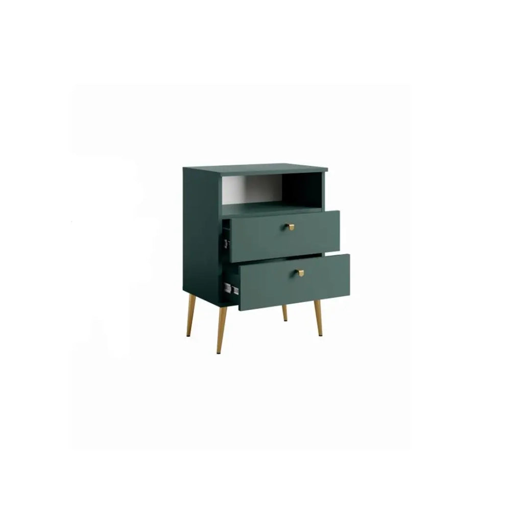 Tavolino da Notte 2 Cassetti con Vanetto - verde e piedi in metallo dorato - Collezione Aurora